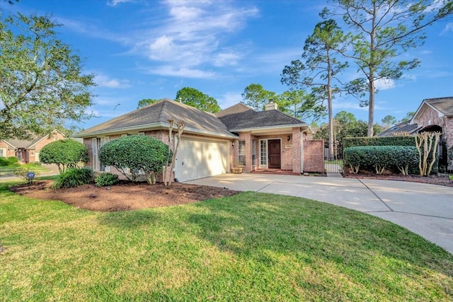 ranch-style house with driveway, a garage, a chimney, a front yard, and brick siding