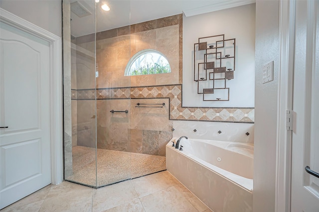 full bath with walk in shower, a garden tub, and tile patterned floors