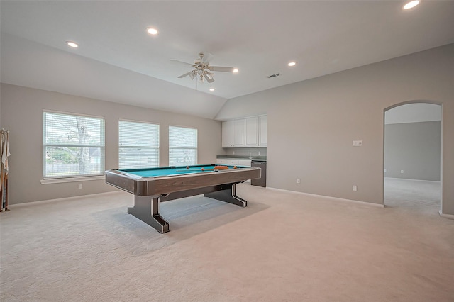 playroom featuring arched walkways, recessed lighting, visible vents, light carpet, and ceiling fan