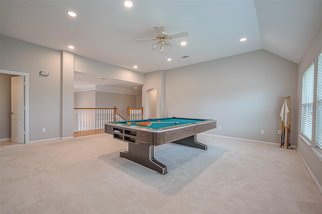 game room with lofted ceiling, light colored carpet, baseboards, and recessed lighting