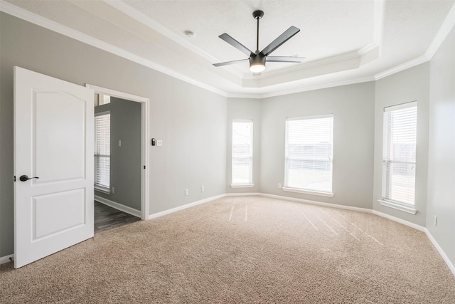 spare room featuring carpet floors, a tray ceiling, crown molding, a ceiling fan, and baseboards