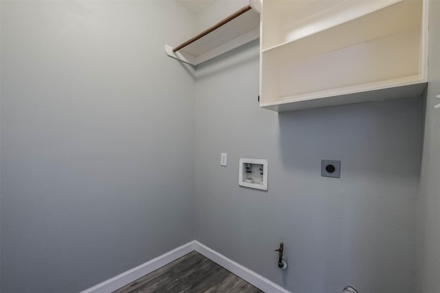 laundry room with laundry area, baseboards, dark wood-style floors, washer hookup, and electric dryer hookup