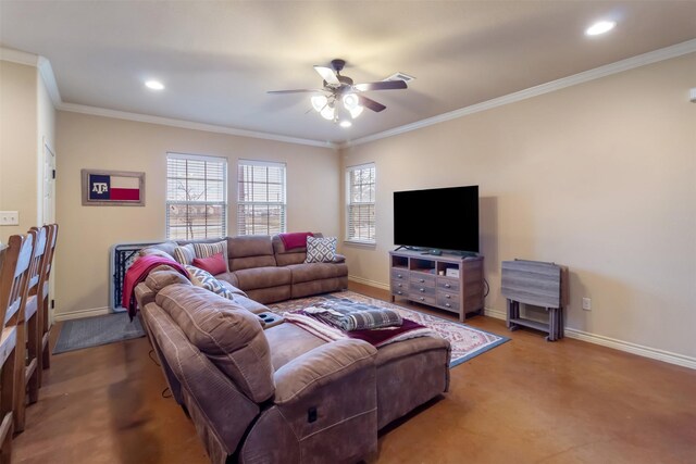 living room featuring a ceiling fan, recessed lighting, ornamental molding, and baseboards