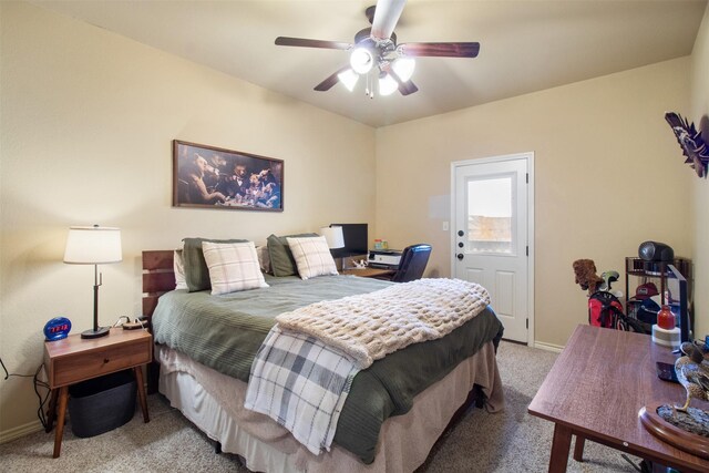 bedroom with carpet, baseboards, and ceiling fan