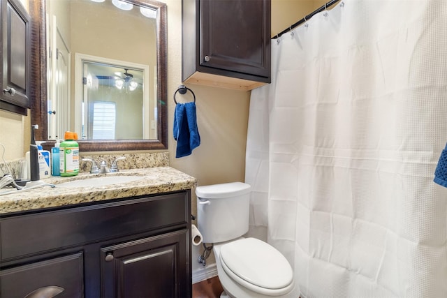 full bathroom featuring a shower with curtain, vanity, and toilet