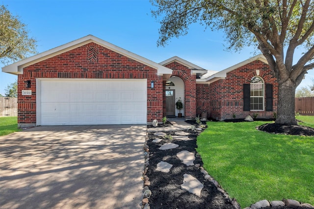 single story home featuring brick siding, concrete driveway, an attached garage, fence, and a front yard