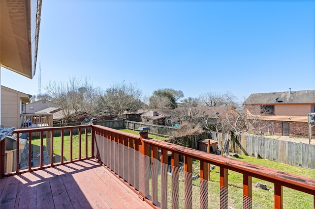 deck with a lawn, a fenced backyard, and a residential view