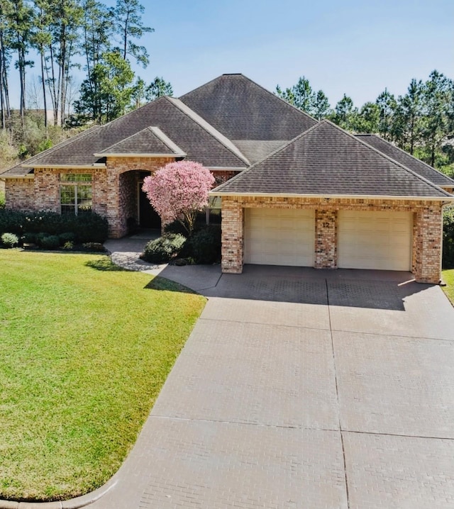 view of front of house featuring driveway, a garage, a shingled roof, a front yard, and brick siding