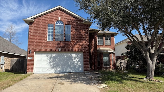 traditional home featuring brick siding, concrete driveway, an attached garage, fence, and a front yard