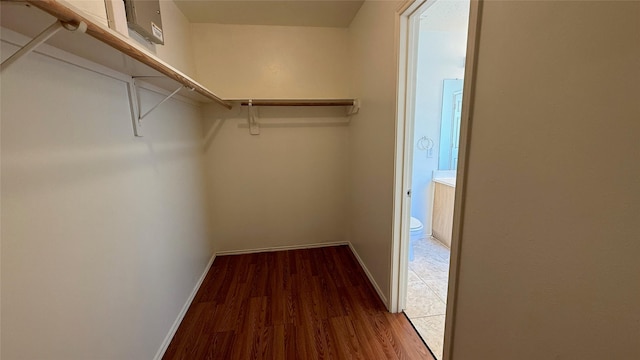 walk in closet with wood finished floors