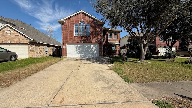 traditional-style house with a front yard, brick siding, driveway, and an attached garage