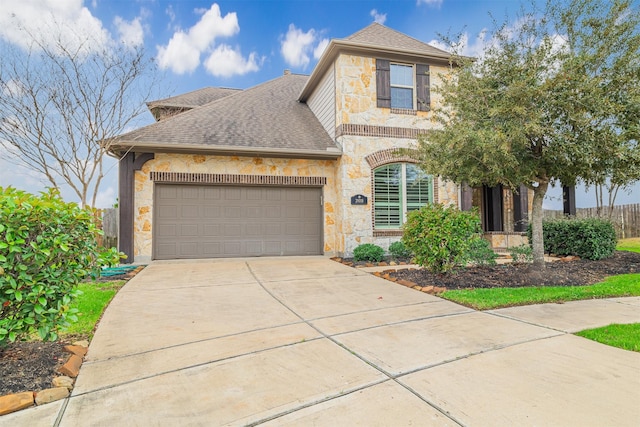 view of front of home with roof with shingles, concrete driveway, fence, a garage, and stone siding