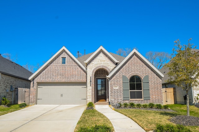 view of front of home featuring a garage, brick siding, driveway, a gate, and a front lawn