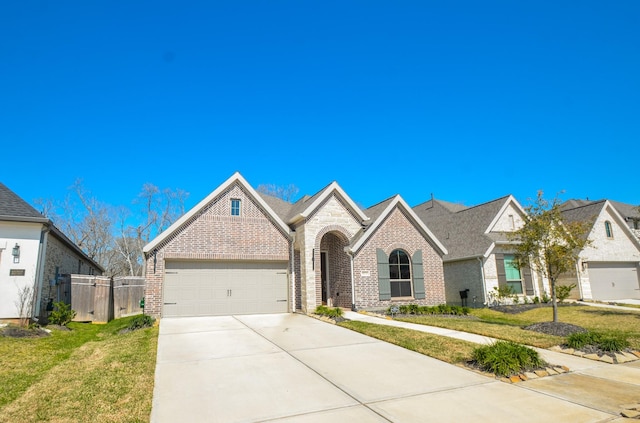 view of front facade featuring concrete driveway, brick siding, a front lawn, and an attached garage