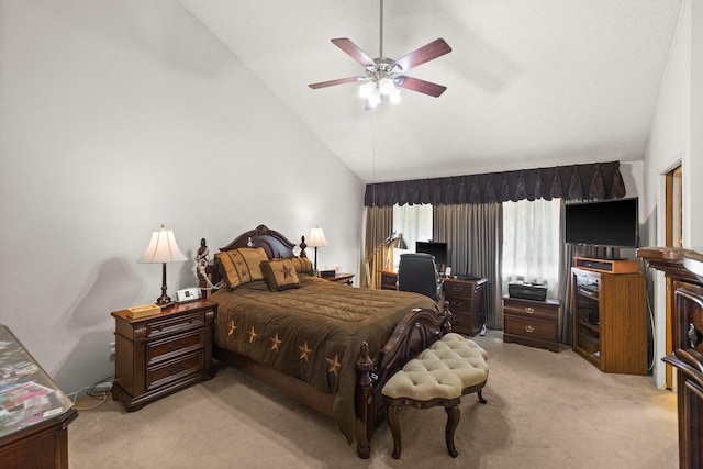 bedroom featuring light carpet, high vaulted ceiling, and ceiling fan