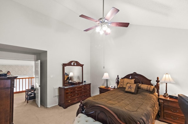 bedroom with ceiling fan, baseboards, and light carpet