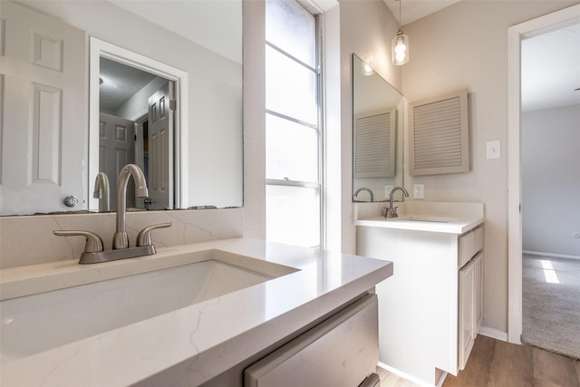 bathroom featuring two vanities, a sink, and wood finished floors