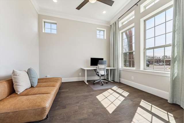 office space with baseboards, ornamental molding, wood finished floors, and recessed lighting