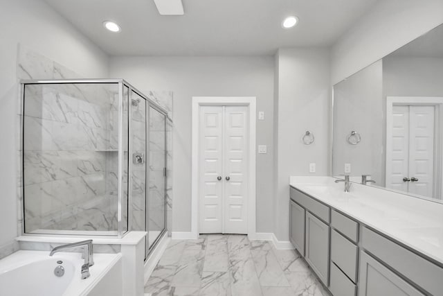 bathroom featuring a closet, recessed lighting, a marble finish shower, and marble finish floor