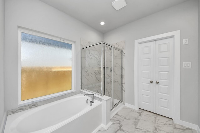 bathroom with a marble finish shower, baseboards, recessed lighting, a bath, and marble finish floor