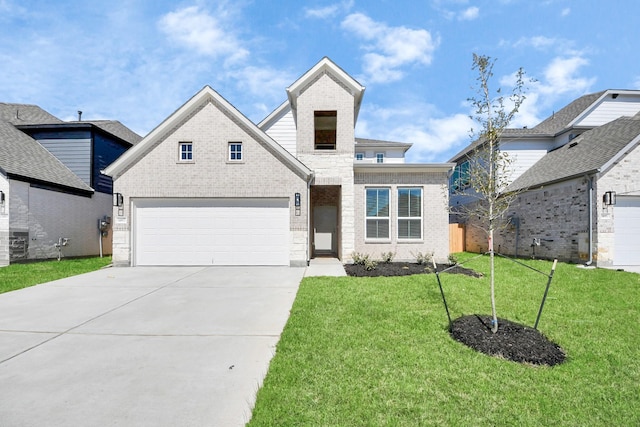 view of front of property featuring brick siding, a garage, concrete driveway, and a front lawn