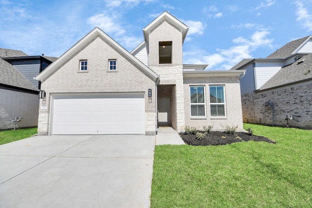 view of front of house with a front lawn, a garage, brick siding, and driveway