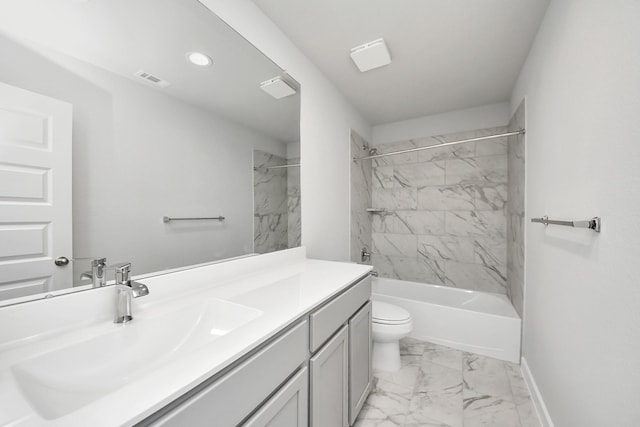 full bath with toilet, marble finish floor, shower / bathing tub combination, baseboards, and vanity