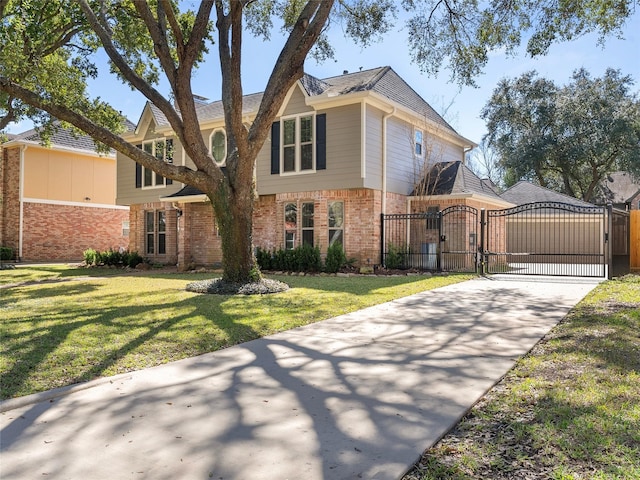 view of front facade featuring a gate, brick siding, and a front lawn