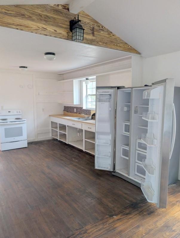 kitchen featuring lofted ceiling with beams, open shelves, dark wood finished floors, and white electric range oven