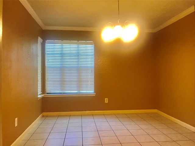 spare room with light tile patterned floors, ornamental molding, a chandelier, and baseboards