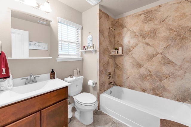 bathroom with visible vents, toilet, shower / washtub combination, and vanity