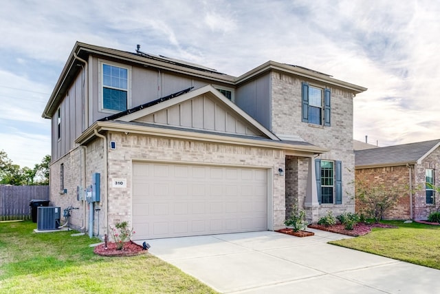 traditional home featuring cooling unit, fence, driveway, board and batten siding, and a front yard