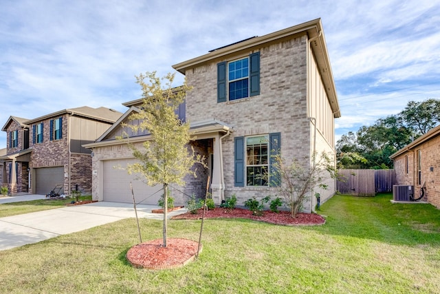 view of front of home with central AC unit, brick siding, fence, concrete driveway, and a front lawn