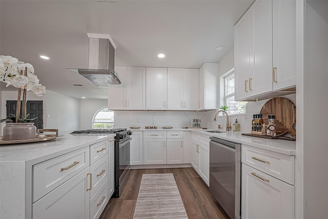 kitchen with appliances with stainless steel finishes, a healthy amount of sunlight, a sink, and white cabinetry