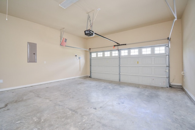 garage with baseboards, electric panel, and a garage door opener