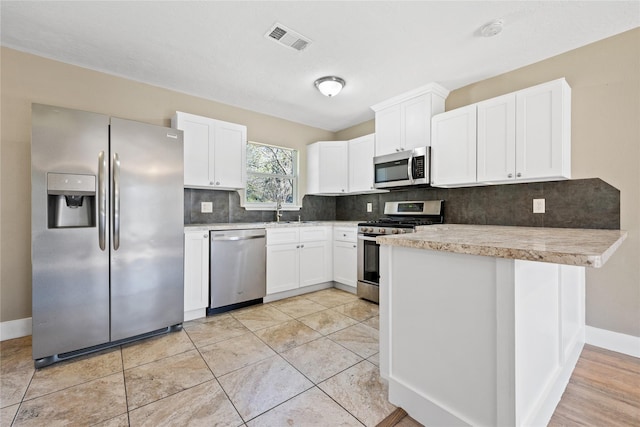 kitchen with visible vents, decorative backsplash, a peninsula, stainless steel appliances, and white cabinetry