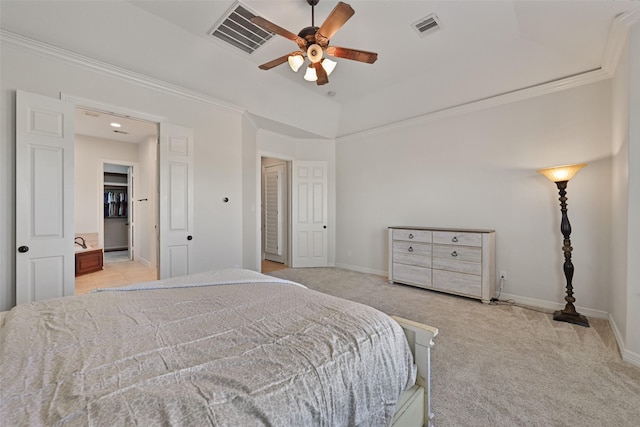 bedroom featuring ornamental molding, visible vents, light carpet, and baseboards