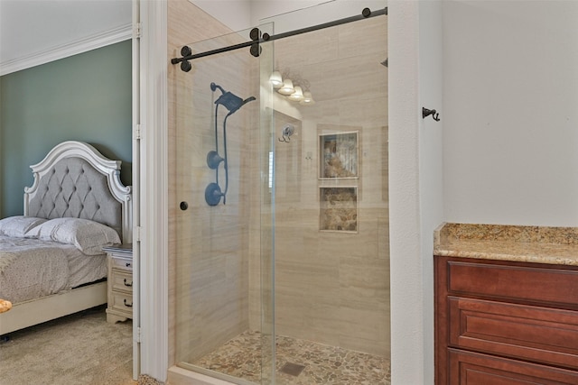 bathroom featuring ensuite bath, crown molding, and a shower stall