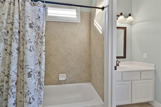 full bathroom with shower / bath combination with curtain and vanity