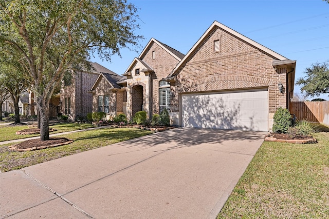 french country inspired facade featuring brick siding, concrete driveway, an attached garage, fence, and a front lawn