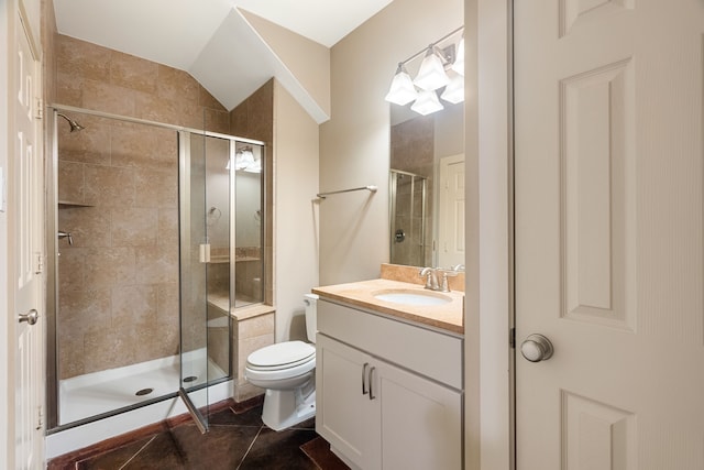 full bathroom with toilet, a stall shower, tile patterned floors, and vanity