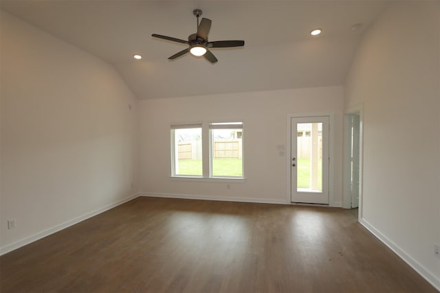 8622 Pier Cove Dr, Cypress, TX 77433 - spare room with lofted ceiling, dark wood-type flooring, a ceiling fan, recessed lighting, and a smoke detector
