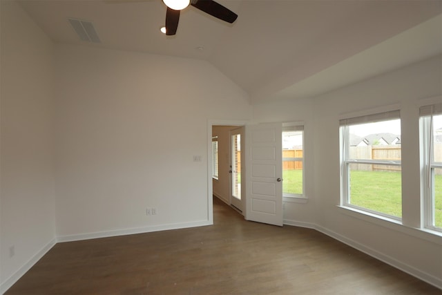 8622 Pier Cove Dr, Cypress, TX 77433 - unfurnished room with ceiling fan, lofted ceiling, and wood finished floors