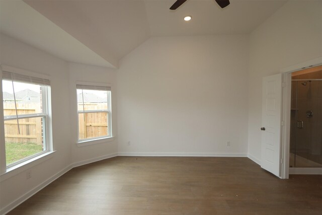 8622 Pier Cove Dr, Cypress, TX 77433 - unfurnished room featuring a ceiling fan, wood finished floors, lofted ceiling, and recessed lighting