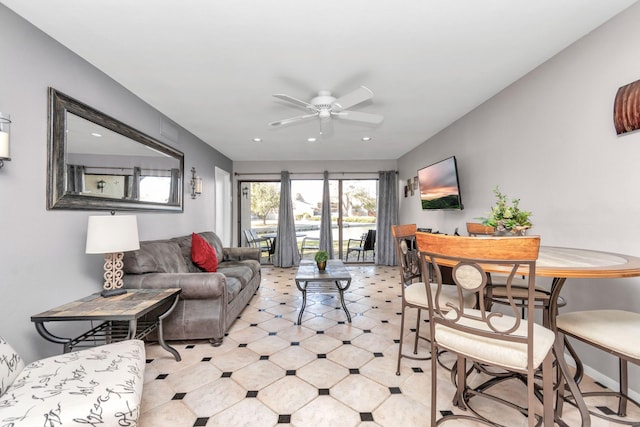 living room featuring recessed lighting and ceiling fan