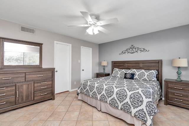 bedroom with visible vents, ceiling fan, baseboards, and light tile patterned floors