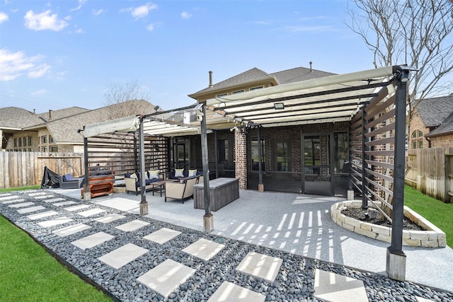 back of house featuring fence, a patio area, an outdoor living space, a pergola, and brick siding