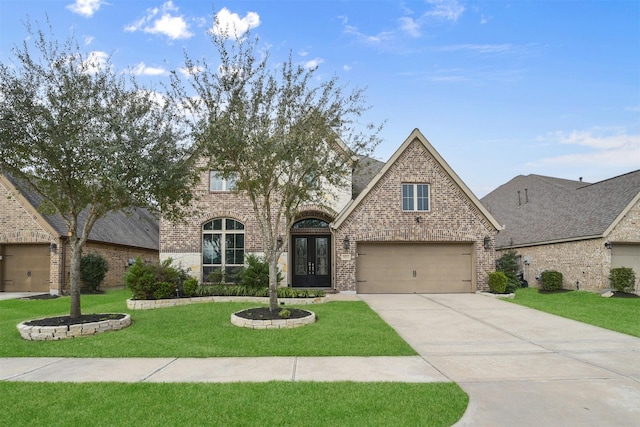 view of front of property with french doors, brick siding, concrete driveway, a front yard, and a garage