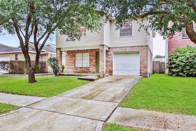 view of front of home with brick siding, a garage, a front lawn, and concrete driveway