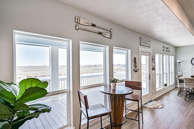 dining room featuring a textured ceiling, a water view, wood finished floors, and a healthy amount of sunlight